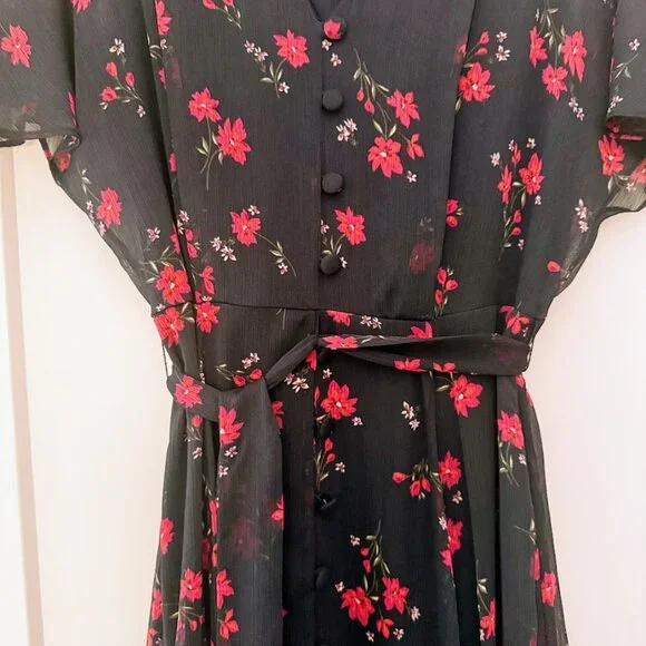 Calvin Klein Navy Floral V-Neck Chiffon Midi Dress – Size 12 - Picture 6 of 9